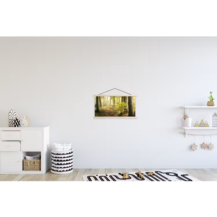 Bos - Bomen - Pad - Zon - Planten - Bladeren - Natuur textielposter latten blank klein -kinderkamer