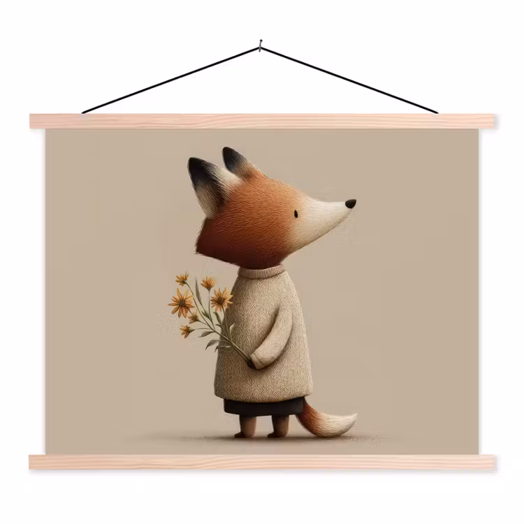 Vos - Gele bloemen - Minimalistisch textielposter latten blank klein -3d