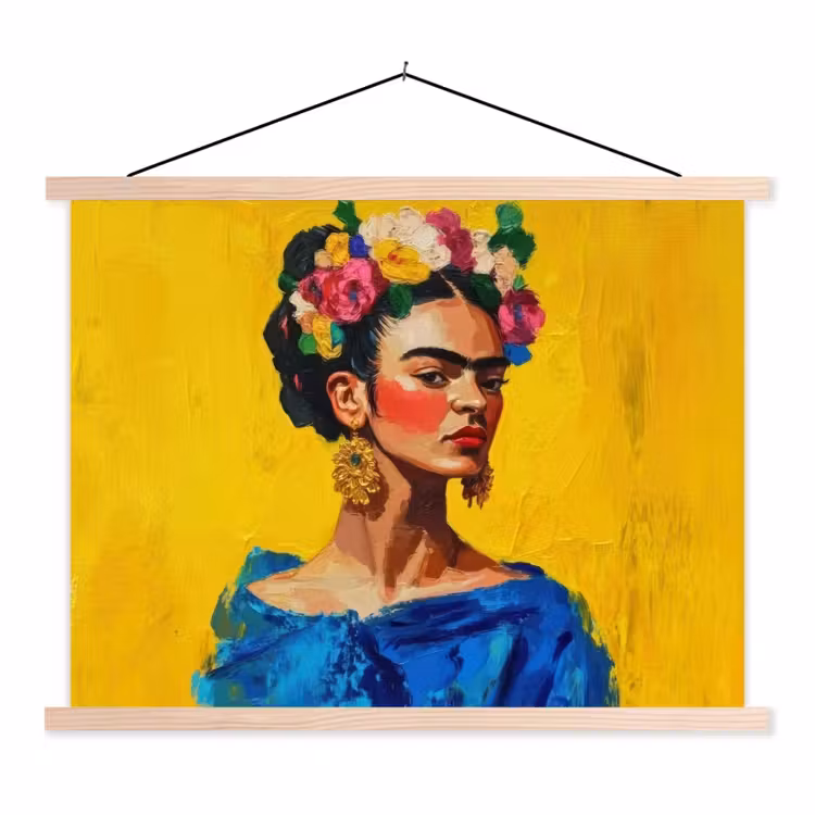 Frida Kahlo - Vrouw - Geel - Blauw - Bloemen textielposter latten blank klein -3d