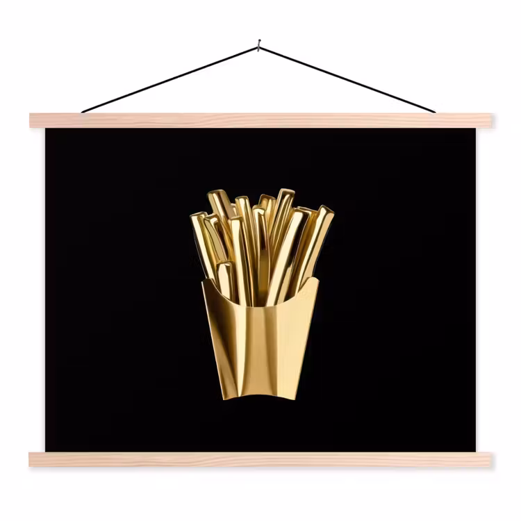Friet - Goud - Chrome - Eten textielposter latten blank klein -3d