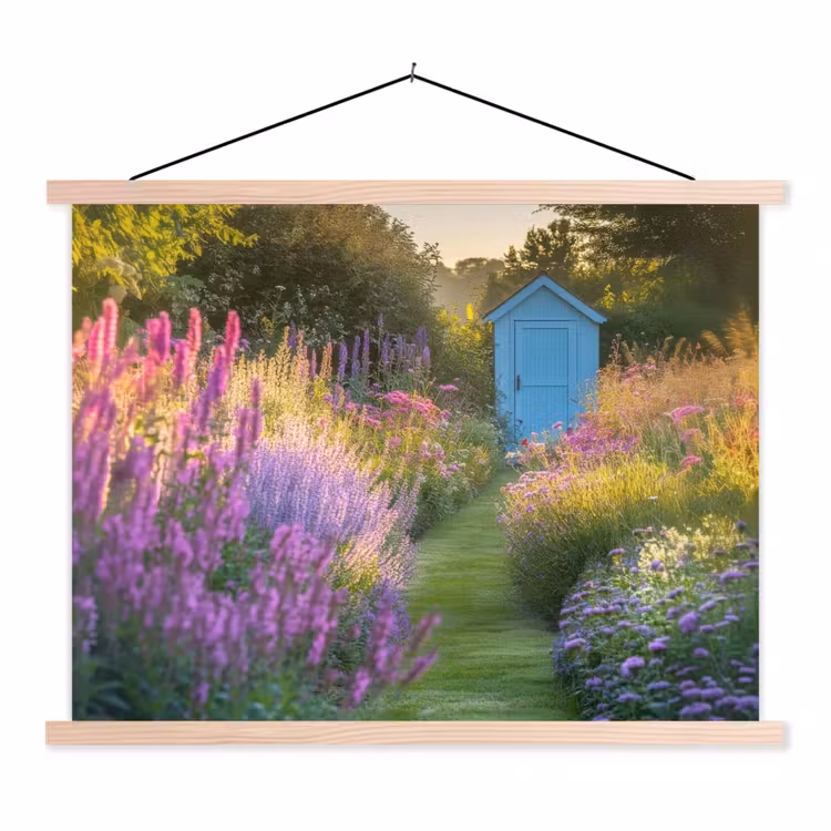 Tuinhuisje - Blauw - Bloemen textielposter latten blank klein -3d