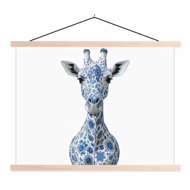 Giraffe - Delfts blauw - Dieren - Minimalistisch textielposter latten blank klein -3d