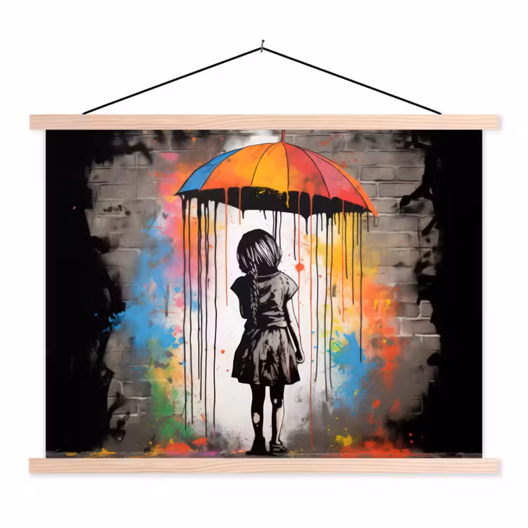 Meisje - Kunst - Paraplu - Graffiti - Kleuren - Muur textielposter latten blank klein -3d