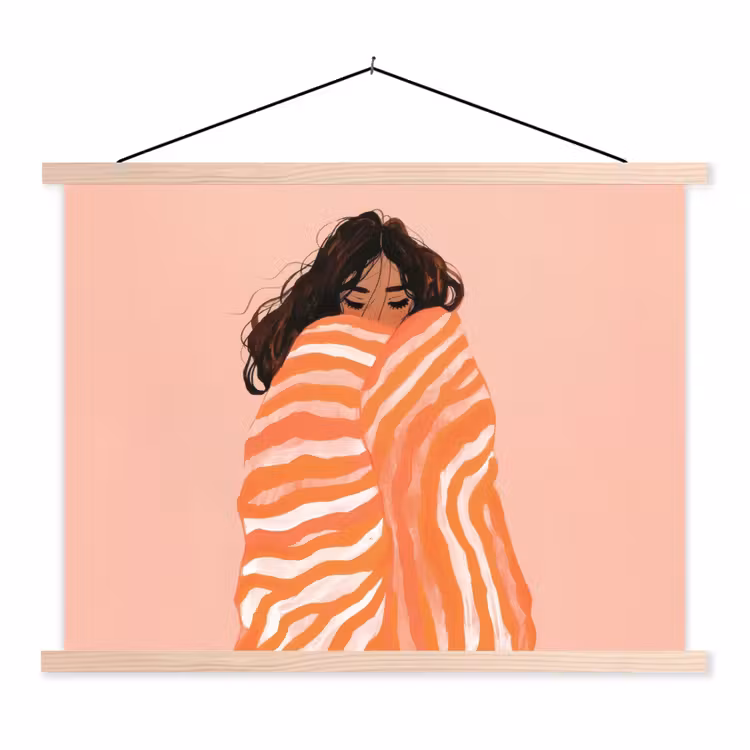 Meisje - Deken - Gestreept - Oranje textielposter latten blank klein -3d