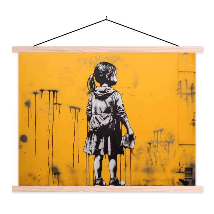 Meisje - Boek - Gele Muur - Graffiti textielposter latten blank klein -3d