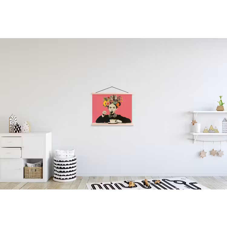 Meisje - Kopje - Bloemen - Roze textielposter latten blank klein -kinderkamer