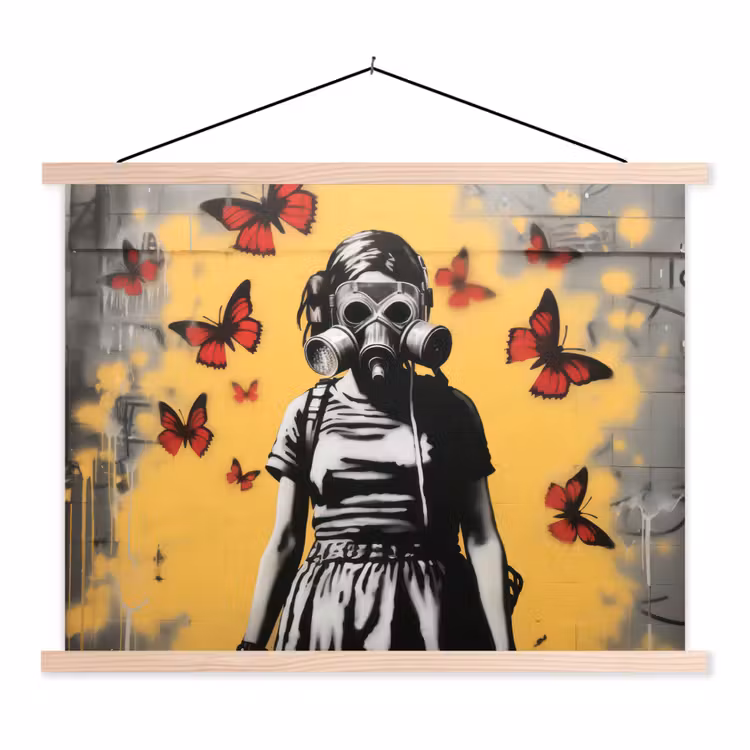 Meisje - Gasmasker - Vlinders - Graffiti textielposter latten blank klein -3d