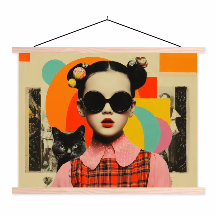 Meisje - Zonnebril - Kat - Retro textielposter latten blank klein -3d