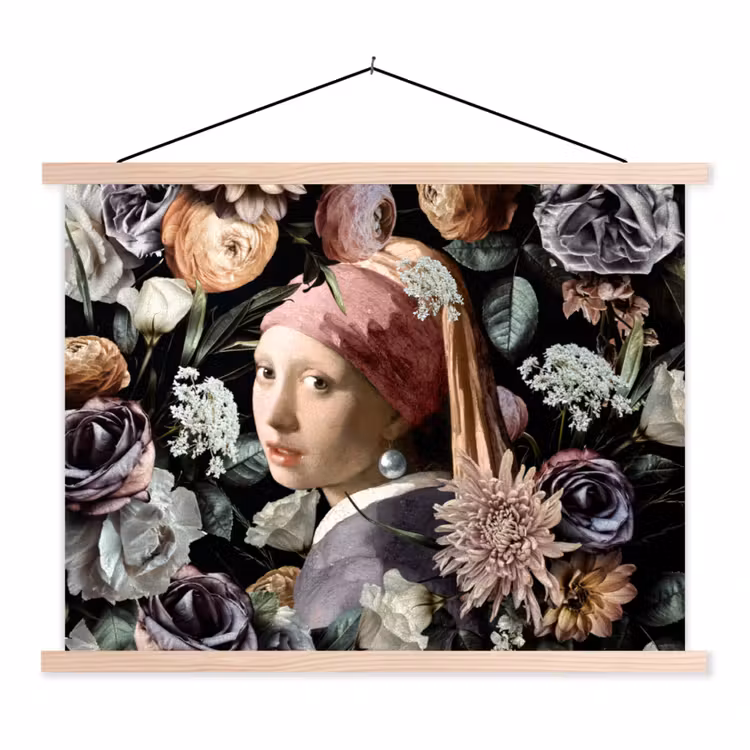 Meisje met de parel - Bloemen - Vermeer - Pastel - Kunstwerk - Schilderij - Oude meesters textielposter latten blank klein -3d