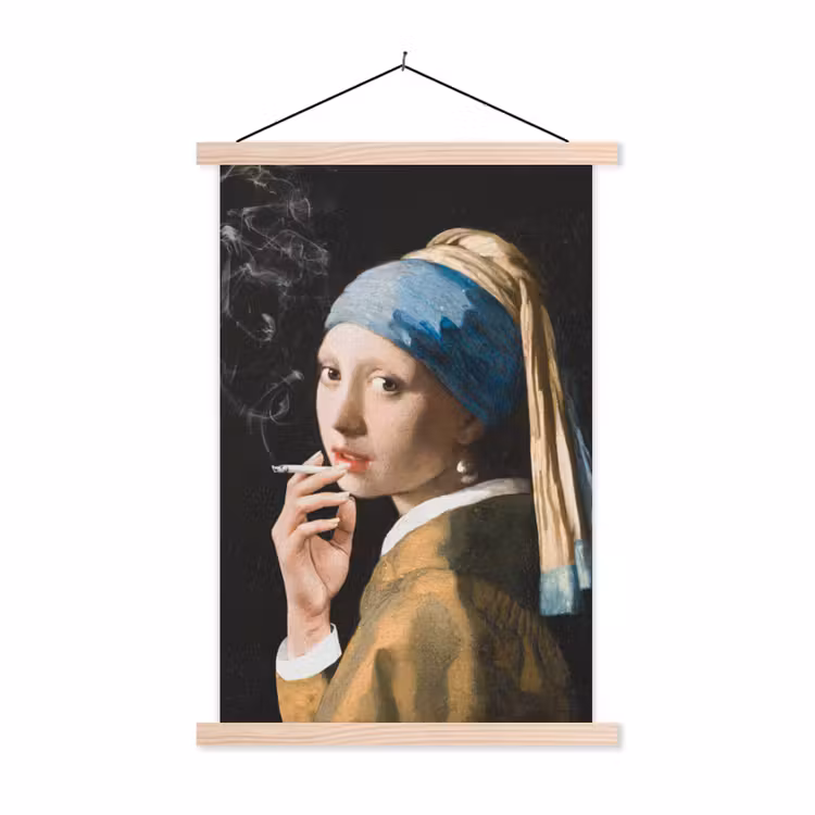 Meisje met de parel - Johannes Vermeer - Sigaretten textielposter latten blank klein -3d