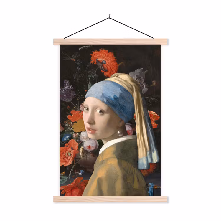 Meisje met de parel - Johannes Vermeer - Bloemen textielposter latten blank klein -3d