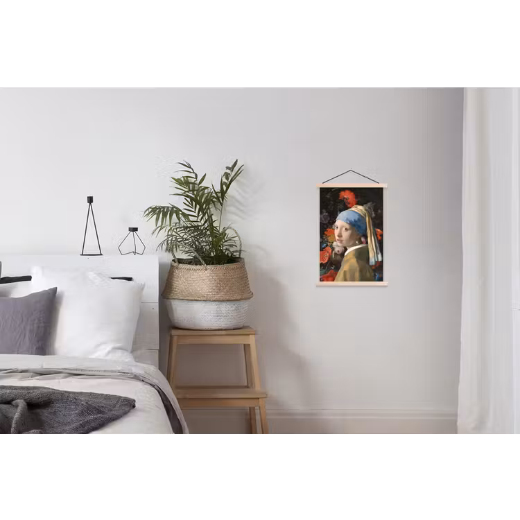 Meisje met de parel - Johannes Vermeer - Bloemen textielposter latten blank klein -woonkamer