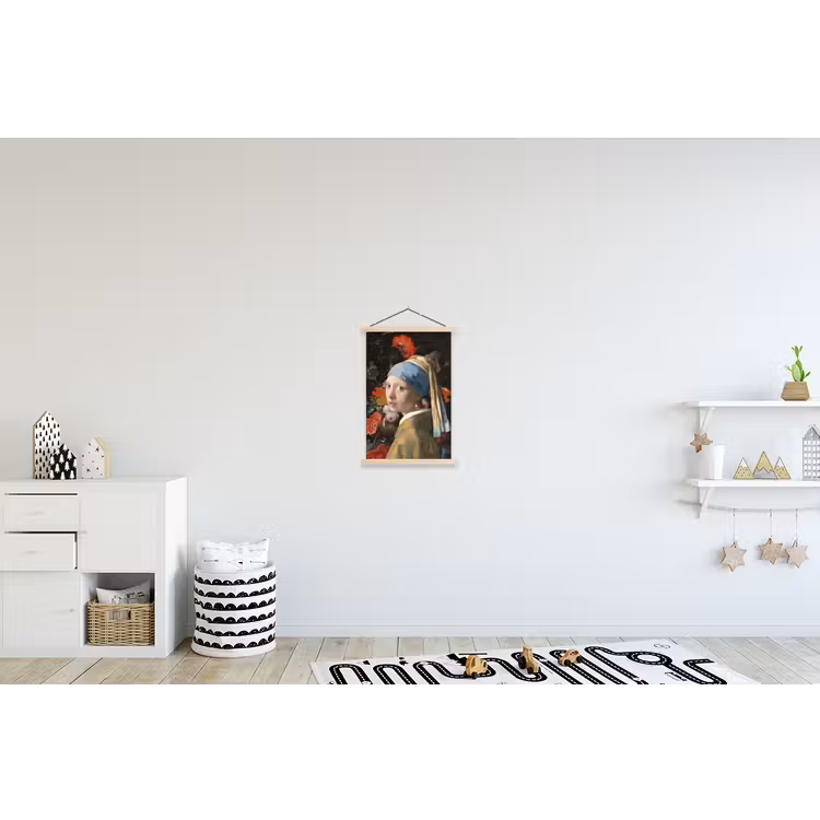 Meisje met de parel - Johannes Vermeer - Bloemen textielposter latten blank klein -kinderkamer