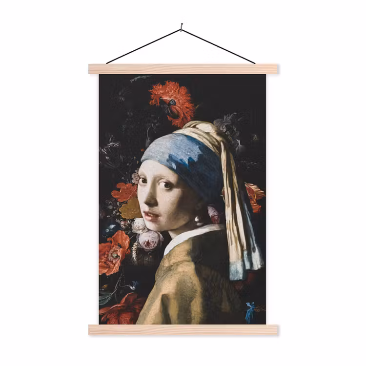 Meisje met de parel - Johannes Vermeer - Bloemen - Rood textielposter latten blank klein -3d