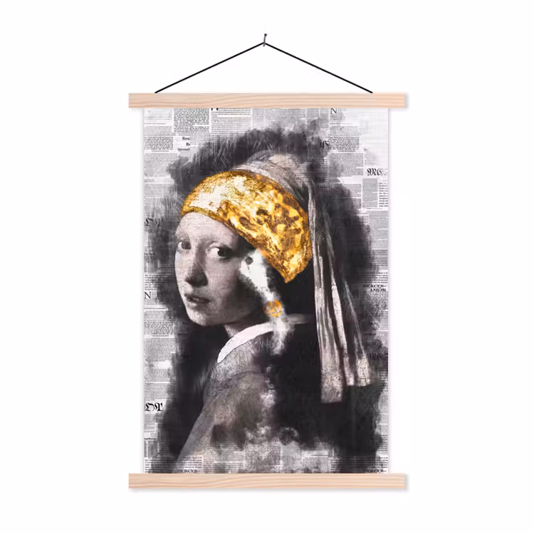 Meisje met de parel - Johannes Vermeer - Krant - Goud textielposter latten blank klein -3d