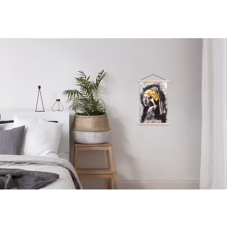Meisje met de parel - Johannes Vermeer - Krant - Goud textielposter latten blank klein -woonkamer