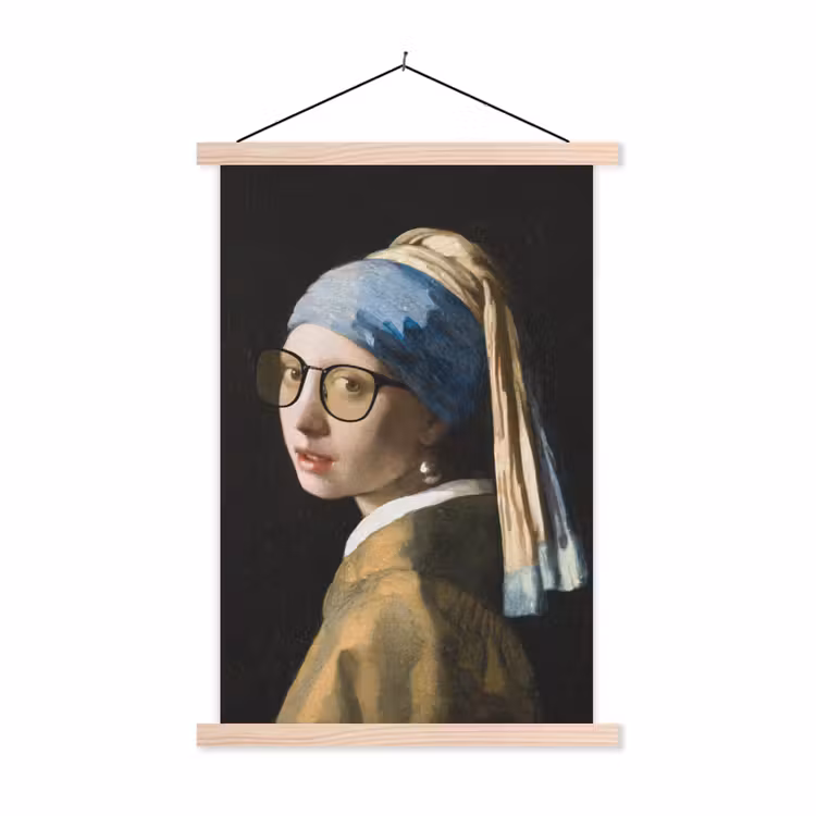 Meisje met de parel - Johannes Vermeer - Bril textielposter latten blank klein -3d