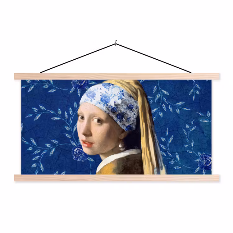 Meisje met de parel - Delfts blauw - Vermeer - Bloemen - Schilderij - Oude meesters textielposter latten blank klein -3d