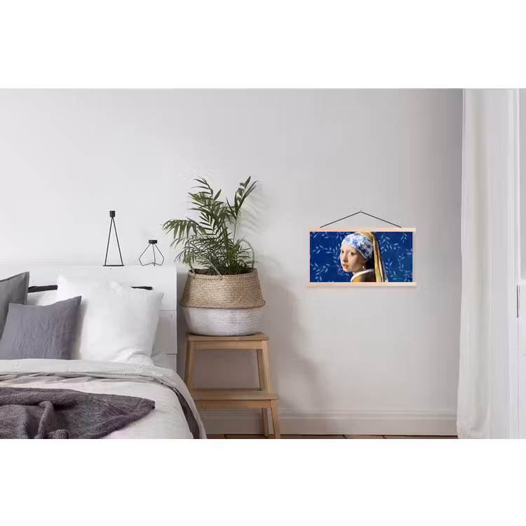 Meisje met de parel - Delfts blauw - Vermeer - Bloemen - Schilderij - Oude meesters textielposter latten blank klein -woonkamer