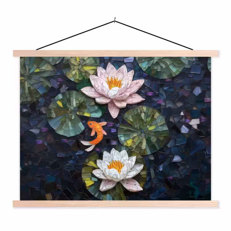 Glasstukjes - Leliebladeren - Vis - Oranje textielposter latten blank klein -3d