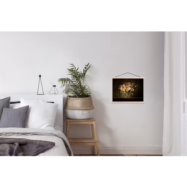 Glazen - Bloemen - Boeket - Kleuren textielposter latten blank klein -woonkamer