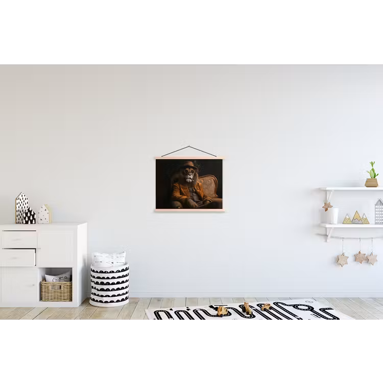 Bril - Leeuw - Bank - Hoed textielposter latten blank klein -kinderkamer