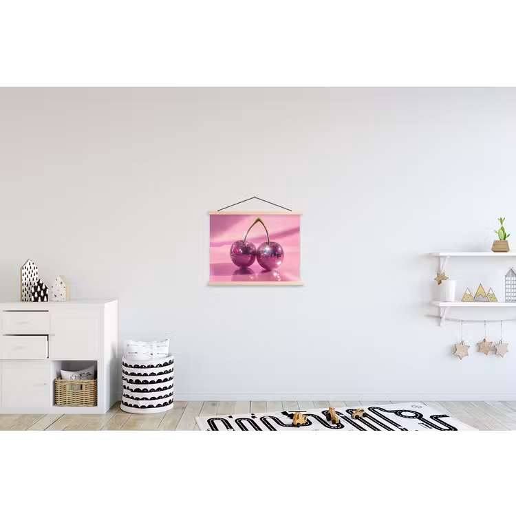 Glitter - Discobol - Roze - Kersen textielposter latten blank klein -kinderkamer