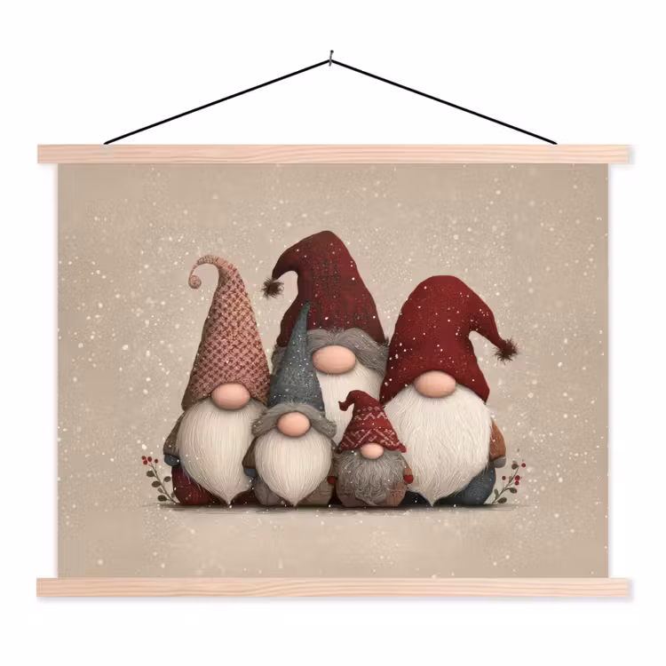 Kabouters - Kerst - Sneeuw - Puntmutsen textielposter latten blank klein -3d