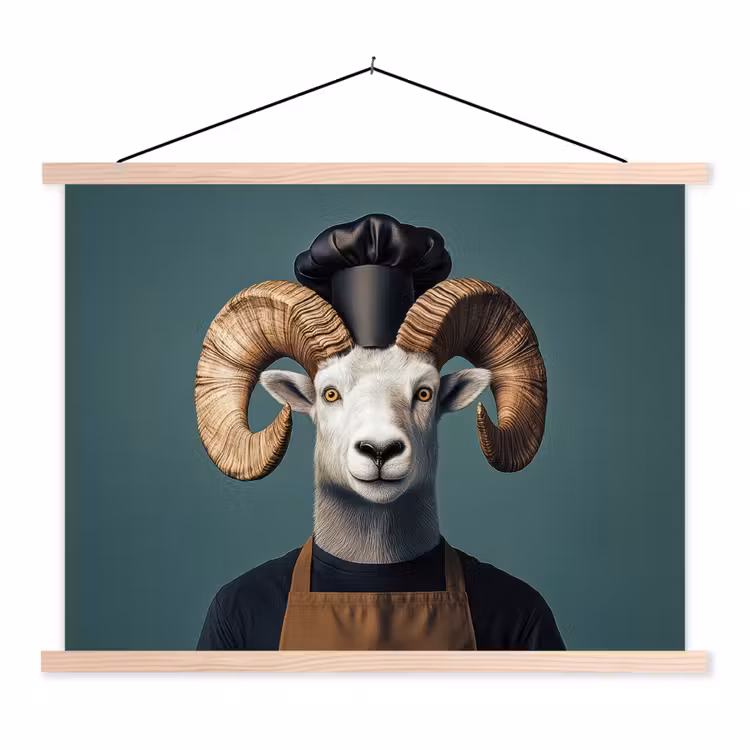 Geit - Hoorns - Kokskleding textielposter latten blank klein -3d