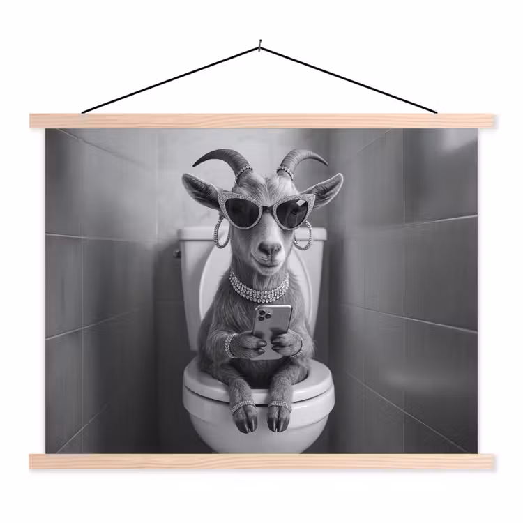 Geit - Telefoon - Toilet - Zwart - Wit textielposter latten blank klein -3d