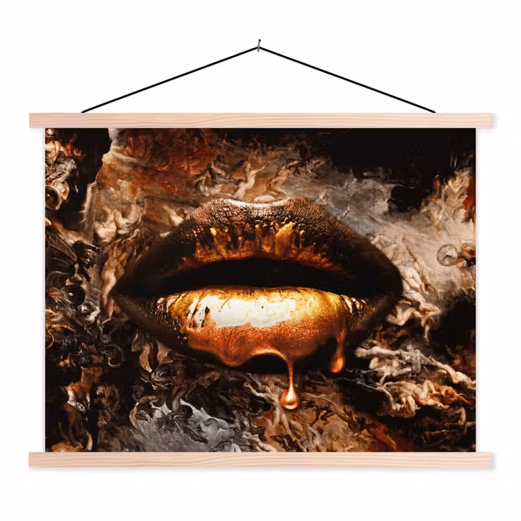 Goud - Lippen - Kunst textielposter latten blank klein -3d