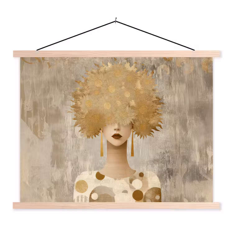 Goud - Portret - Vrouw textielposter latten blank klein -3d