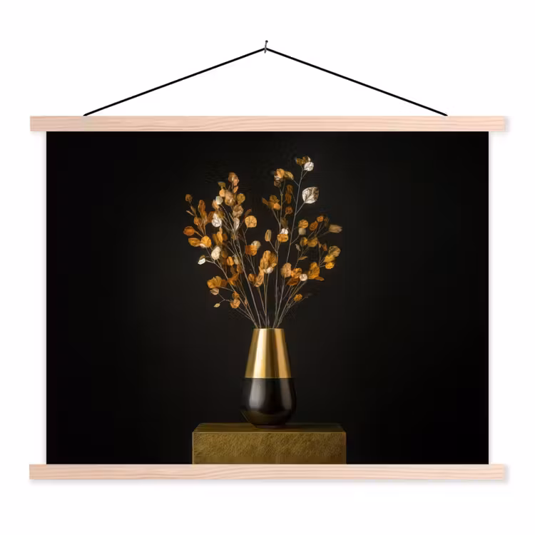 Goudbruine - Bladeren - Vaas - Herfstachtig textielposter latten blank klein -3d