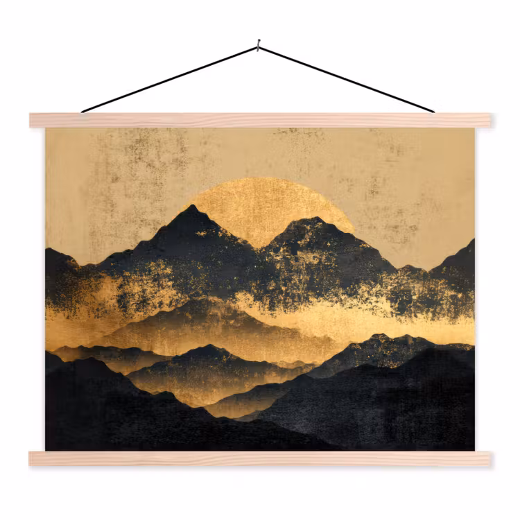 Gouden Bergen bij Maanlicht textielposter latten blank klein -3d