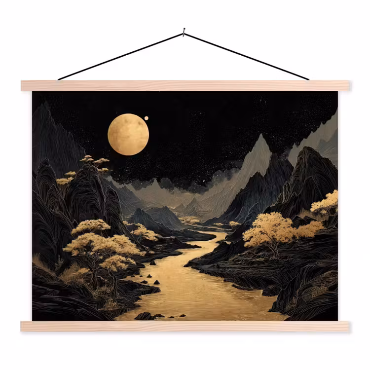 Gouden rivier - Bergen - Maan - Sterrenhemel textielposter latten blank klein -3d