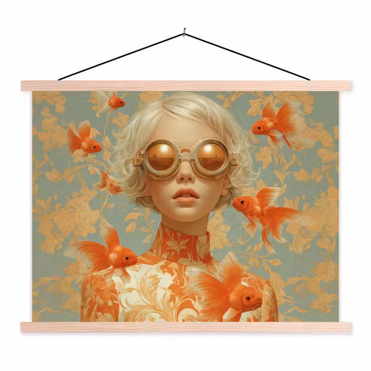 Goudvissen - Oranje - Vrouw - Blond textielposter latten blank klein -3d