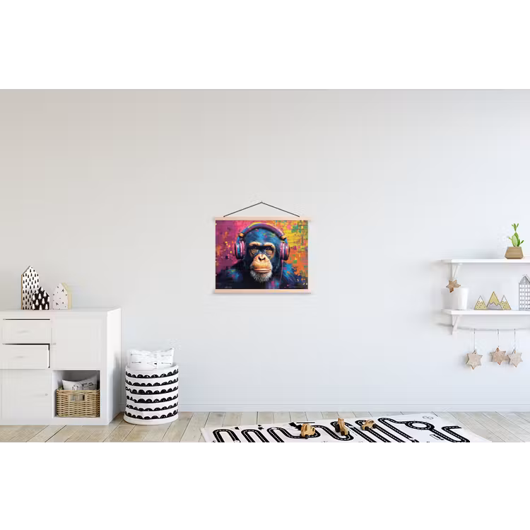 Graffiti - Chimpanzee - Street art - Koptelefoon - Aap textielposter latten blank klein -kinderkamer