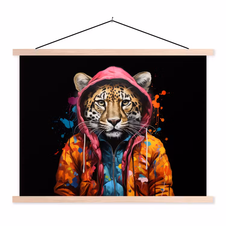 Graffiti - Luipaard - Zwart - Jas textielposter latten blank klein -3d
