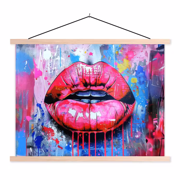 Graffiti - Lippen - Felroze - Geschilderd textielposter latten blank klein -3d