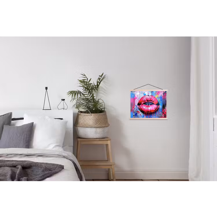 Graffiti - Lippen - Felroze - Geschilderd textielposter latten blank klein -woonkamer