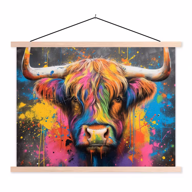 Graffiti - Schotse hooglander - Koe - Kleurrijk textielposter latten blank klein -3d