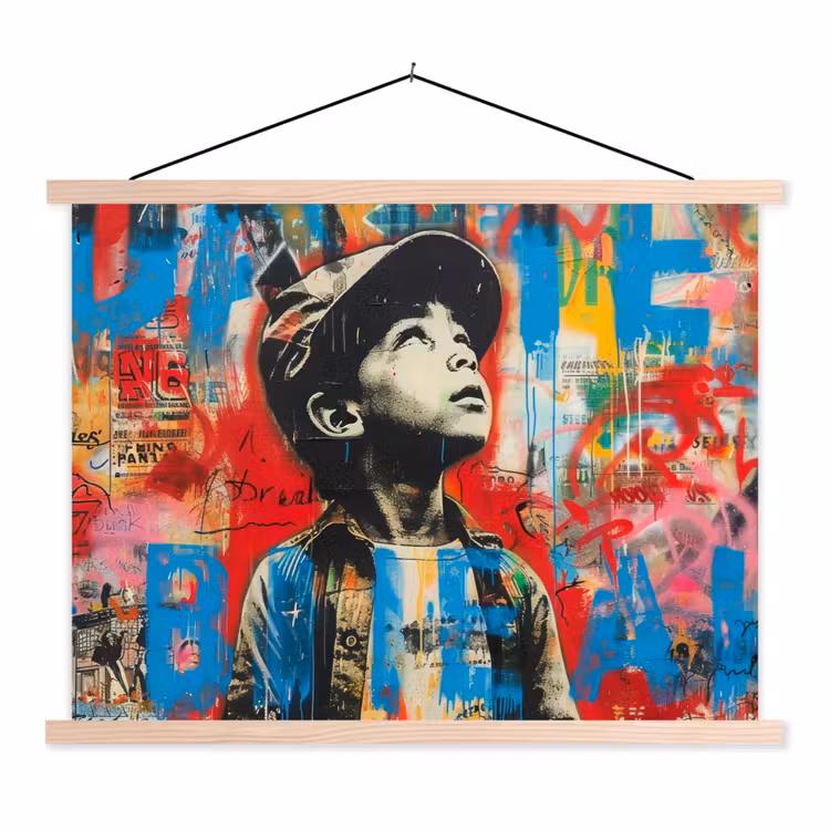 Graffiti - Vintage - Jongen - Street art - Neon - Banksy textielposter latten blank klein -3d