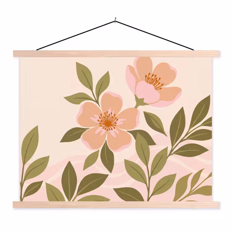 Grafisch - Bloemen - Roze textielposter latten blank klein -3d