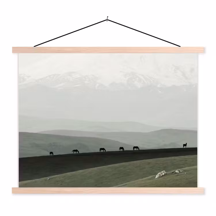 Grijs - Berg - Paarden textielposter latten blank klein -3d