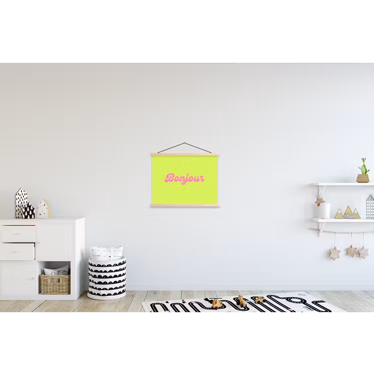 Groen - Roze bonjour - Retro textielposter latten blank klein -kinderkamer