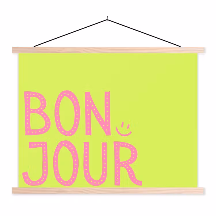 Groen - Smiley - Bonjour - Roze textielposter latten blank klein -3d