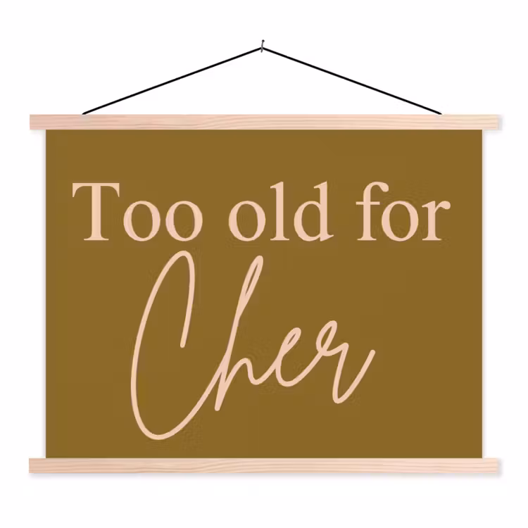 Groen - Too old for cher - Roze textielposter latten blank klein -3d
