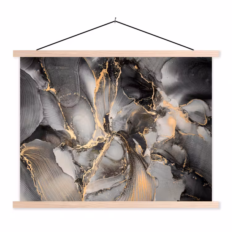Grijs - Luxe  - Goud - Marmer textielposter latten blank klein -3d