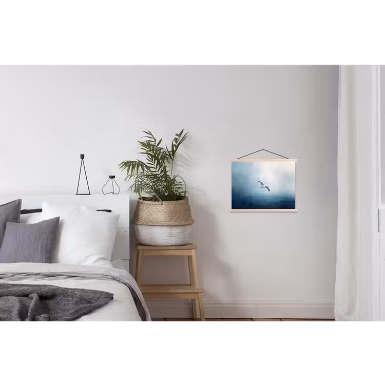 Meeuw - Wit - Zee - Mistig textielposter latten blank klein -woonkamer