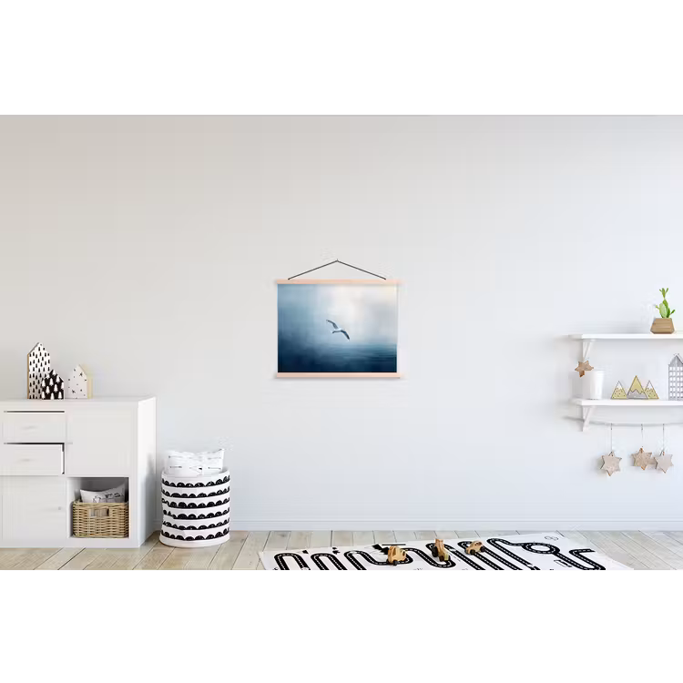 Meeuw - Wit - Zee - Mistig textielposter latten blank klein -kinderkamer